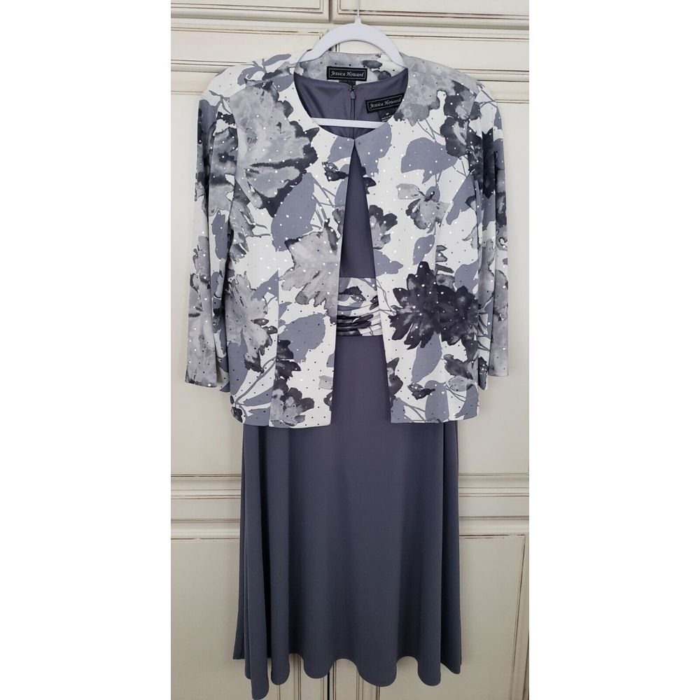 Jessica‎ Howard Two Piece Dress Jacket Set Sz 8p Grey White Charcoal Floral